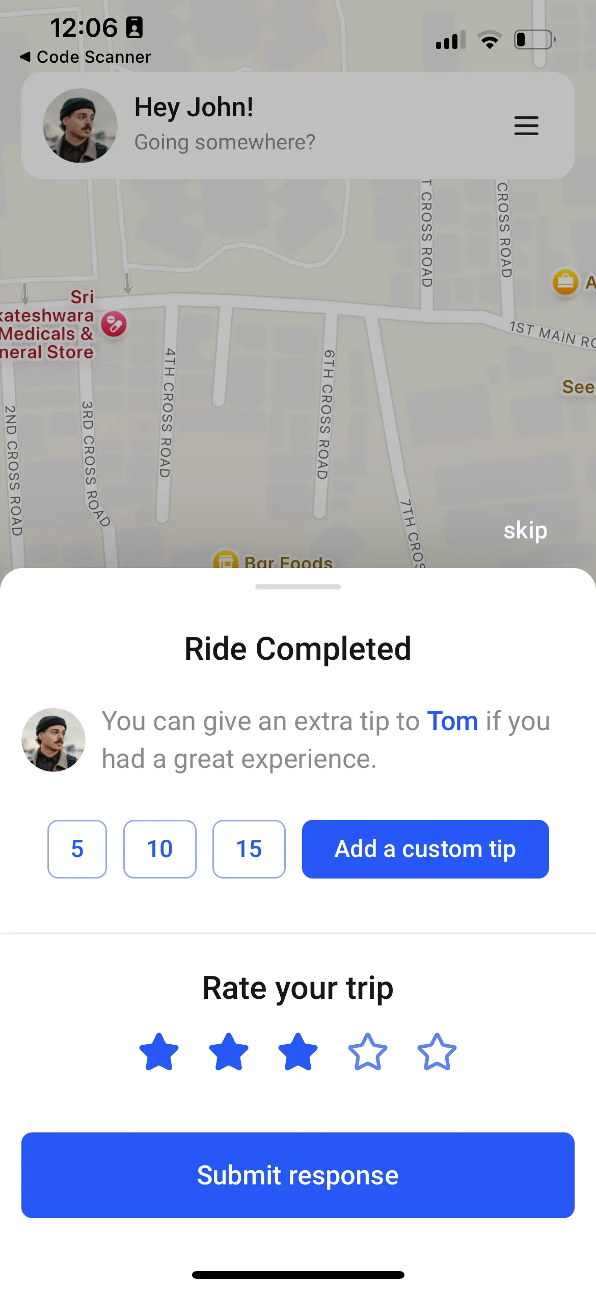 Taxi App Feedback Options Screen