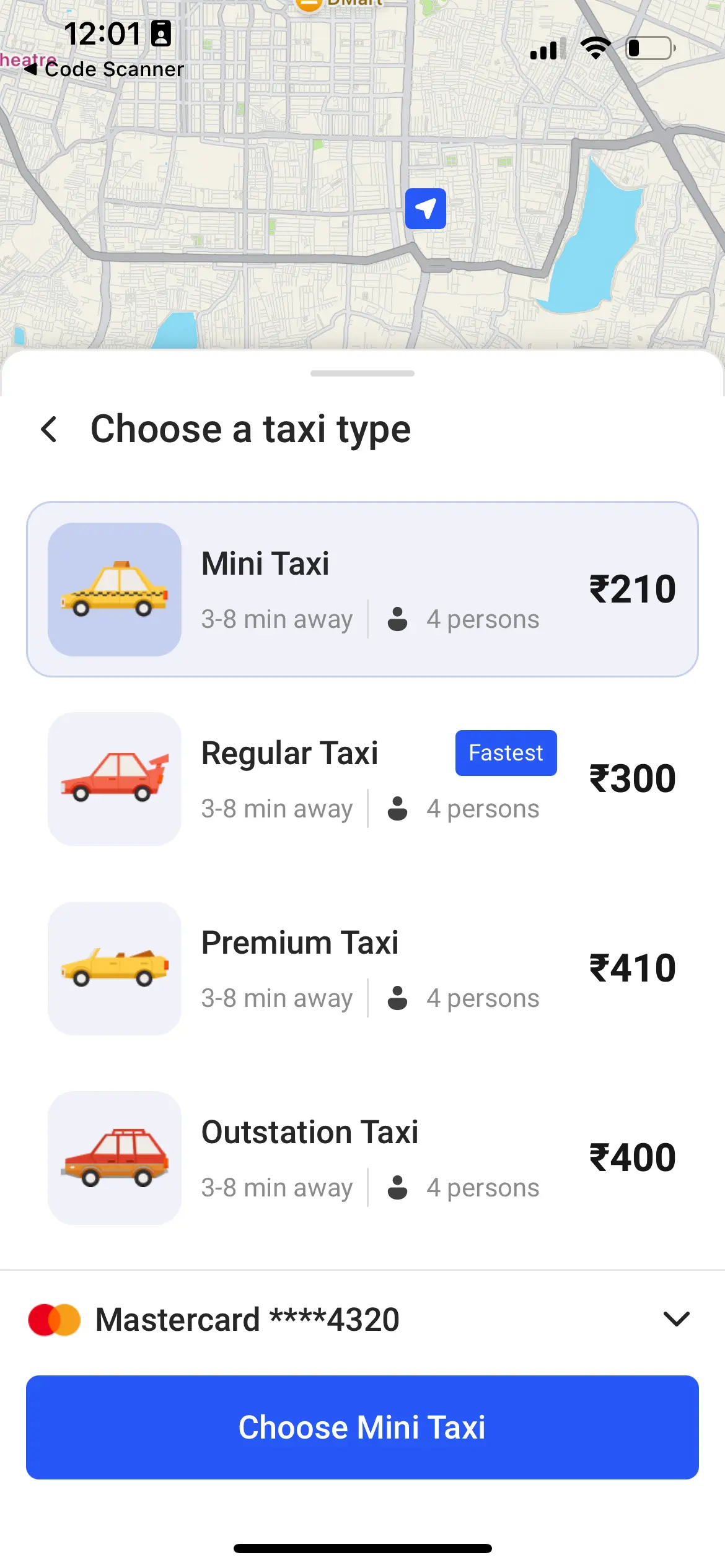 Taxi App Taxi Type Expanded Screen