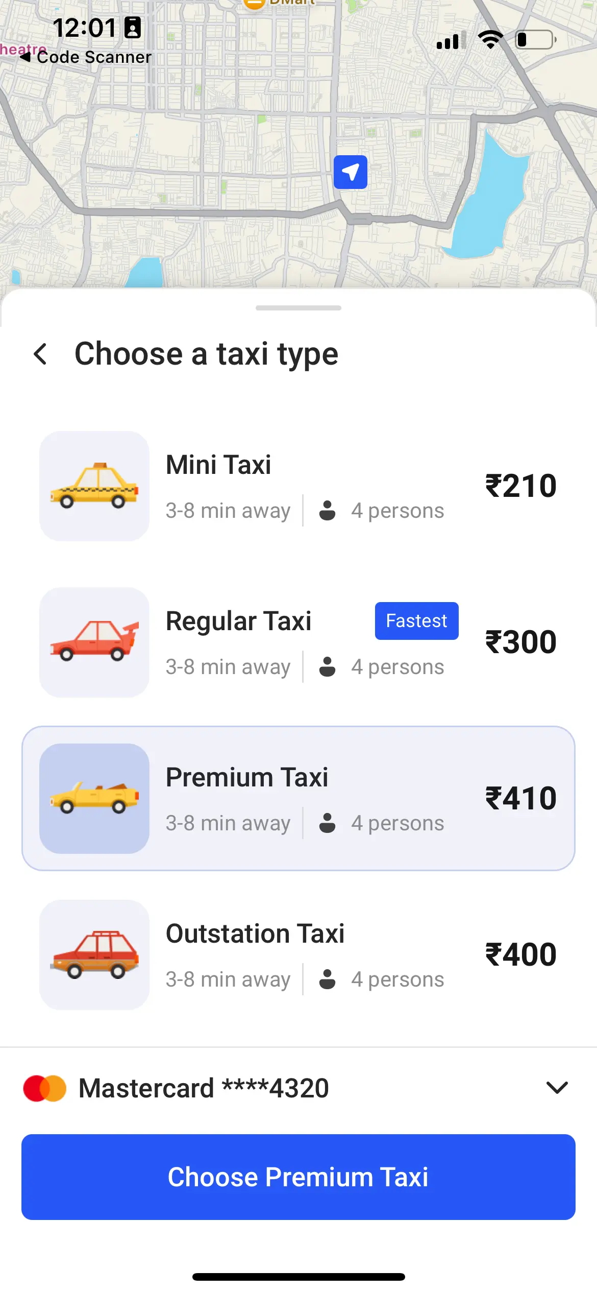 Taxi App Taxi Type Select Screen