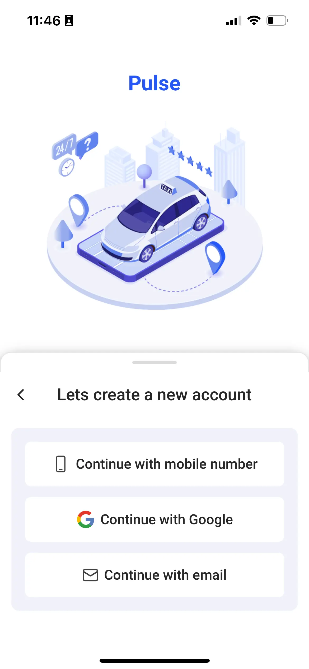 Taxi App Create Account Screen