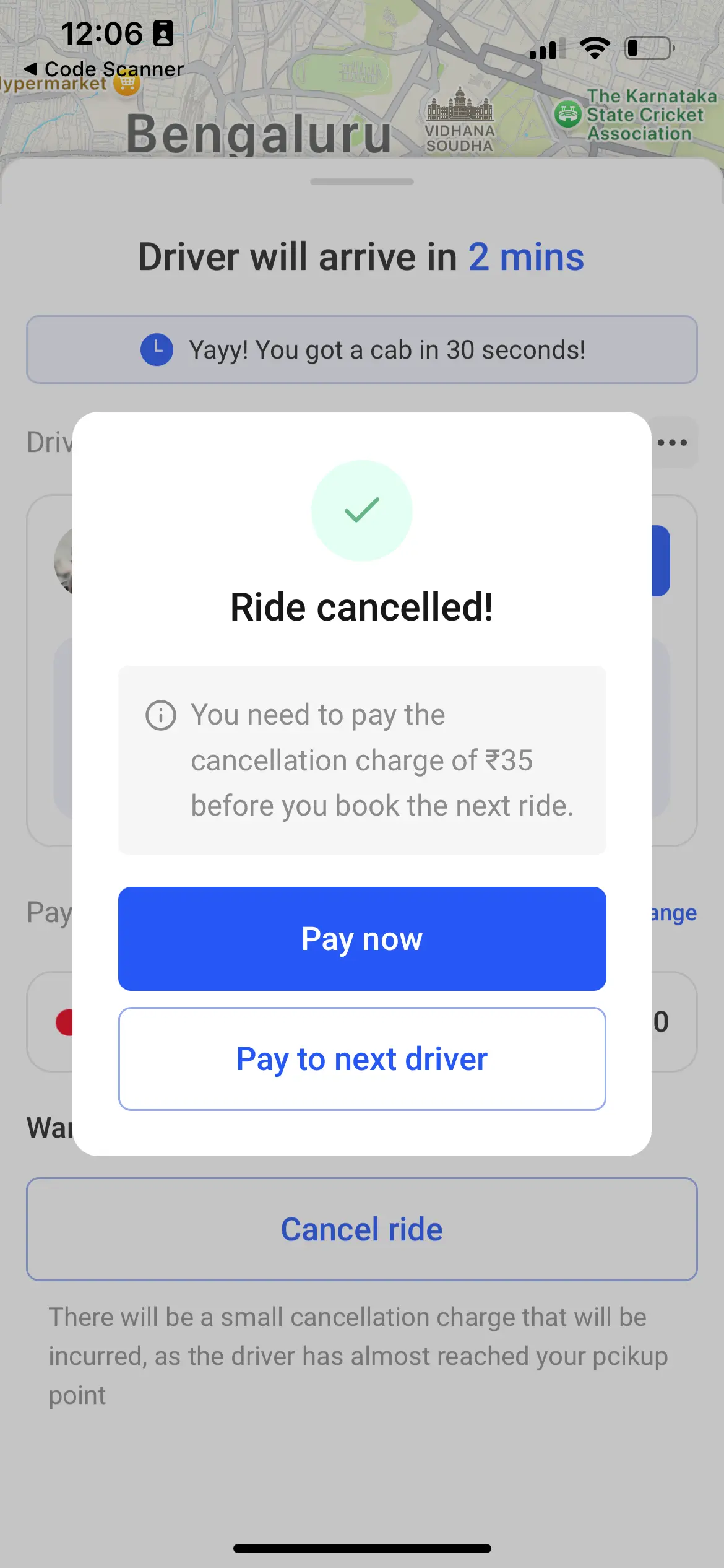 Taxi App Ride Cancellation Confirmation Screen